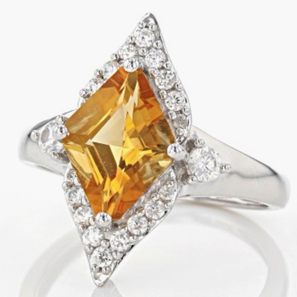Like New Kite Cut Citrine & White Zircon Old Hollywood Style Ring - Sz 7